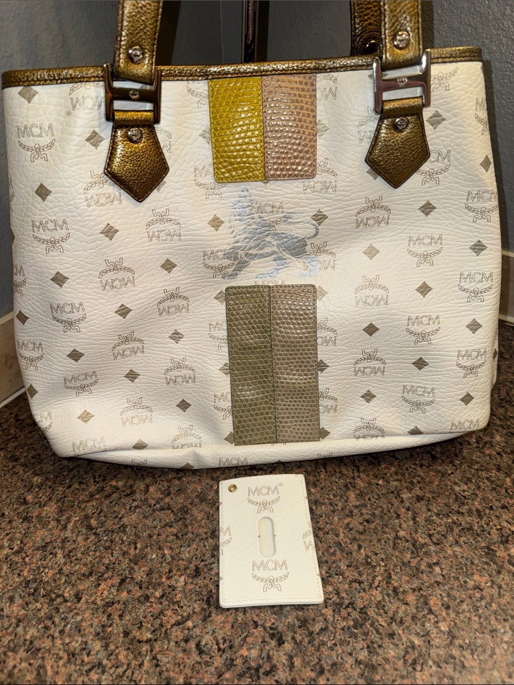 MCM RARE White lioness tote with Metallic Gold Straps and ID holder